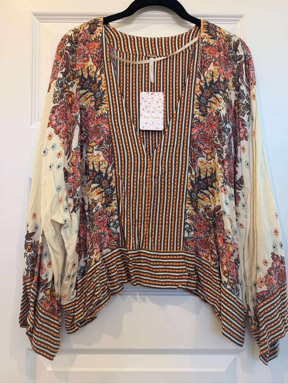 Free People Cream and Brown Floral Open-Front Tunic